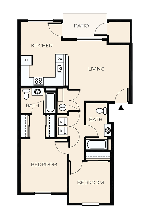 Floor plan for 2 beds, 2 baths, 963 sqft